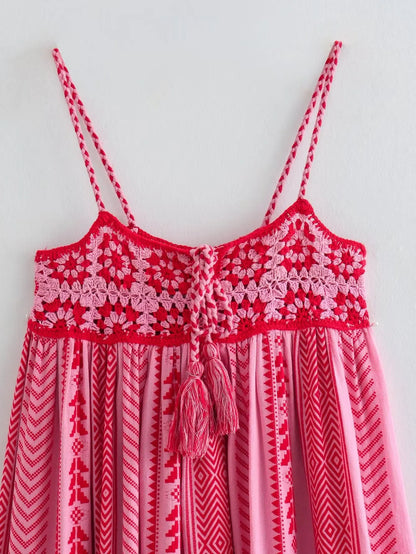 FashionSierra-Pink  Spliced  Crochet Strap  Women  Robe  Vintage  Sleeveless  Backless  Summer  Maxi  Loose  Beach Wear Boho Dress