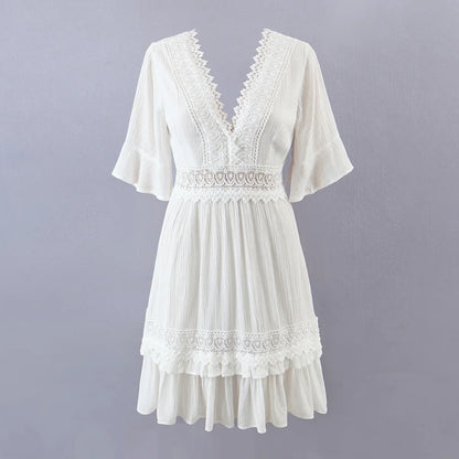 FashionSierra-White Lace  Mini  For Women  Robe  Sexy  Deep V  Short  Ruffles Sleeve  Summer  Party  Casual  Beach  Vestidos Boho Dress