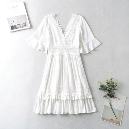 FashionSierra-White Lace  Mini  For Women  Robe  Sexy  Deep V  Short  Ruffles Sleeve  Summer  Party  Casual  Beach  Vestidos Boho Dress