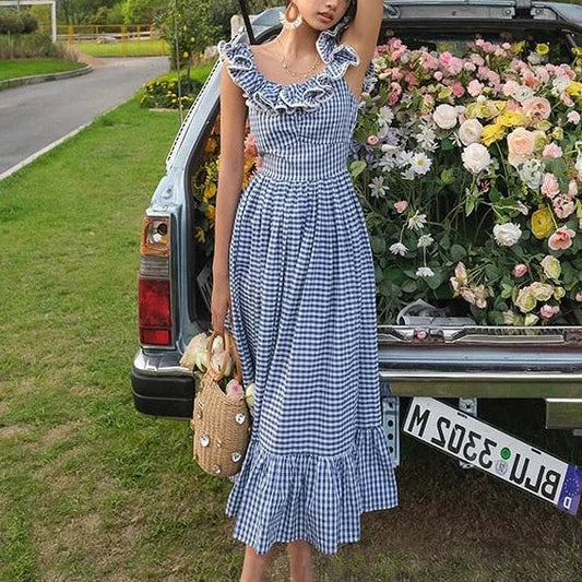 FashionSierra-Butterfly Sleeve Blue Plaid For Women Vintage Cotton Rayon Summer Long Party Ladies Vestidos 2025 Boho Dress