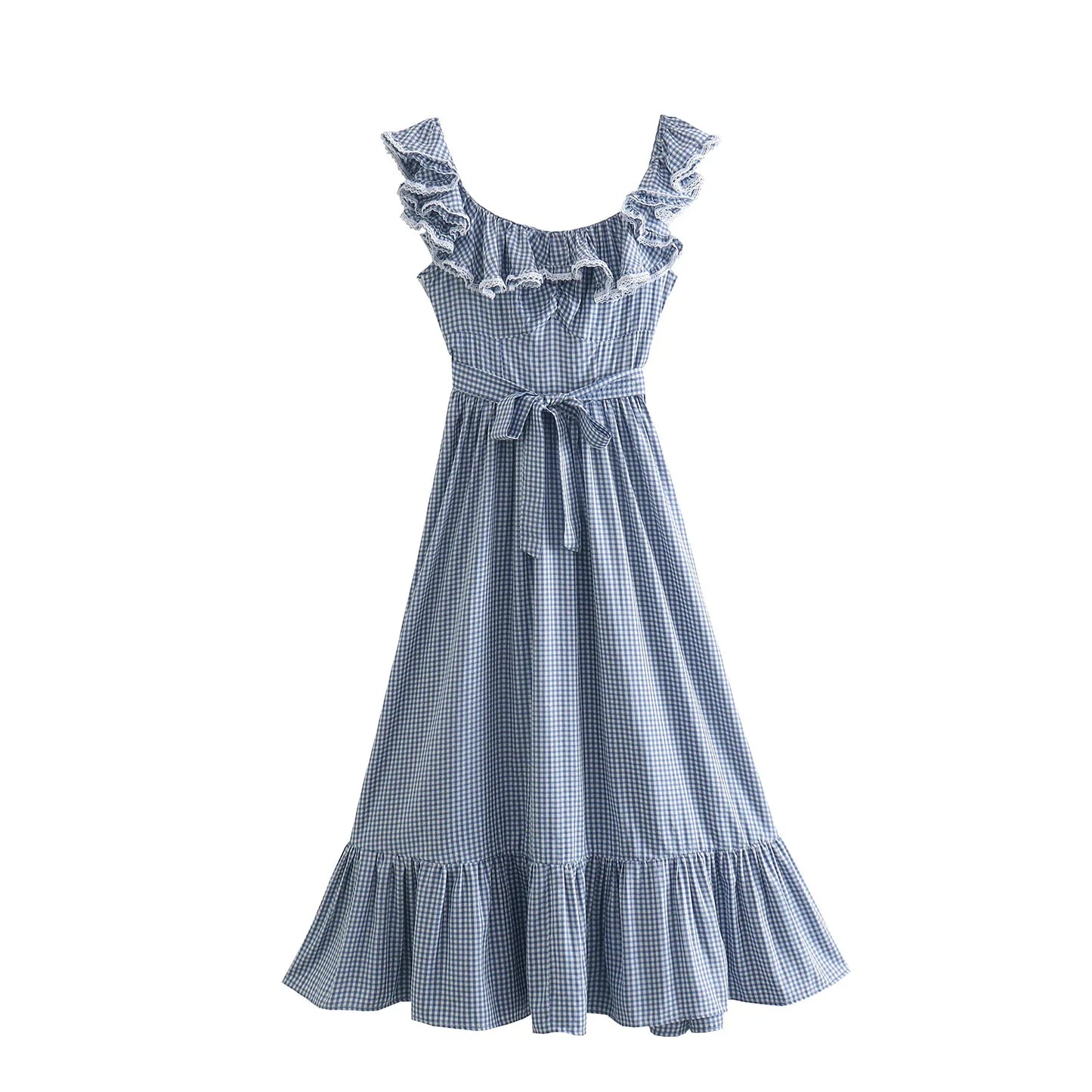 FashionSierra-Butterfly Sleeve Blue Plaid For Women Vintage Cotton Rayon Summer Long Party Ladies Vestidos 2025 Boho Dress