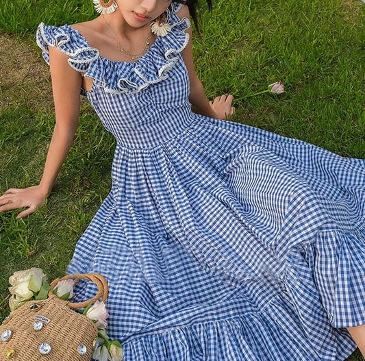 FashionSierra-Butterfly Sleeve Blue Plaid For Women Vintage Cotton Rayon Summer Long Party Ladies Vestidos 2025 Boho Dress