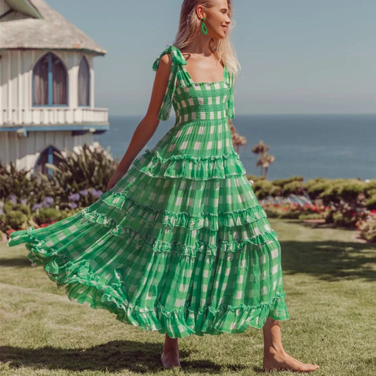 FashionSierra-Casual Square Collar Plaid for Women Vintage High Waist Ruffles Summer 2025 Sleeveless Long Vestidos Boho Dress