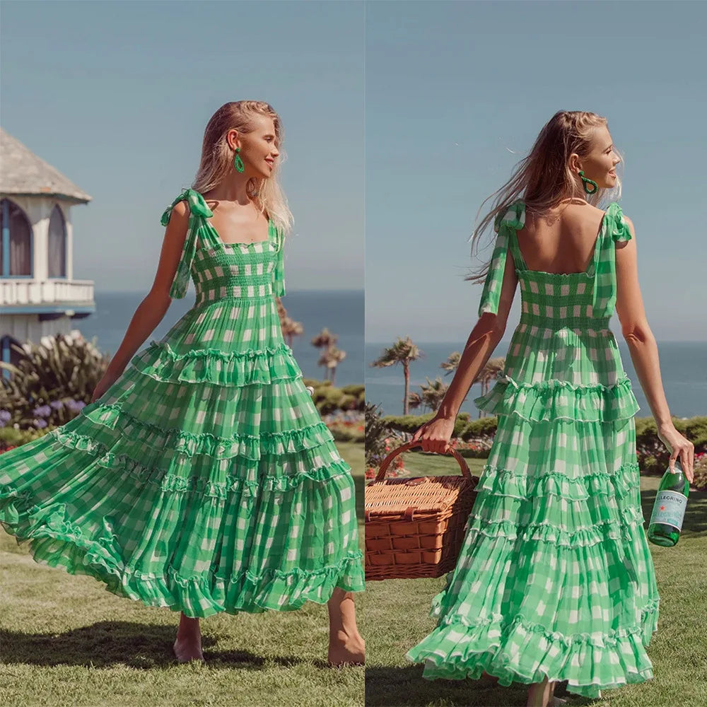 FashionSierra-Casual Square Collar Plaid for Women Vintage High Waist Ruffles Summer 2025 Sleeveless Long Vestidos Boho Dress