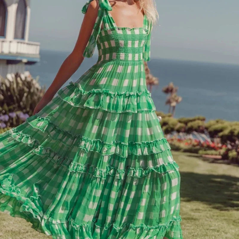 FashionSierra-Casual Square Collar Plaid for Women Vintage High Waist Ruffles Summer 2025 Sleeveless Long Vestidos Boho Dress