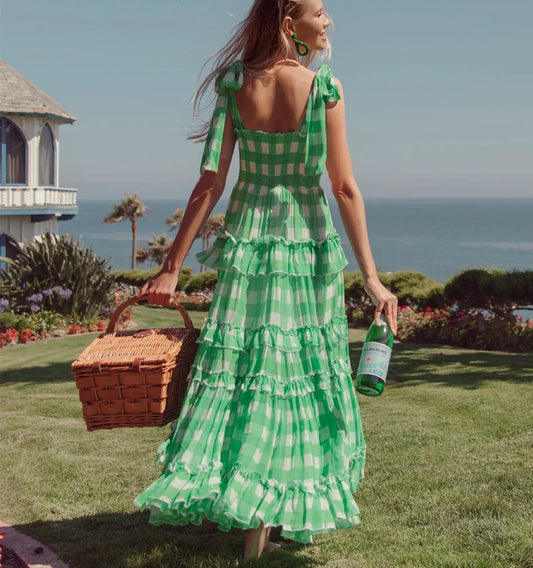 FashionSierra-Casual Square Collar Plaid for Women Vintage High Waist Ruffles Summer 2025 Sleeveless Long Vestidos Boho Dress