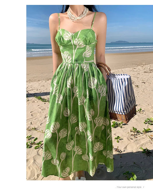FashionSierra-Elegant  Floral Print  Women  Casual  High Waist  Sling  Autumn 2025  Beach Wear  Big Hem  Oversize Boho Dress