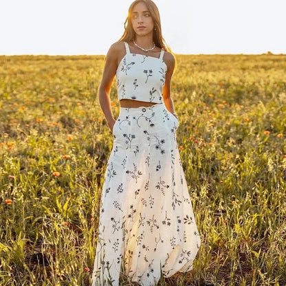 FashionSierra-Floral Embroidery  Crop Top  Maxi Skirt  Suit  Women  Vintage  Sleeveless  Summer  Set  Beach  Vestidos Boho Dress