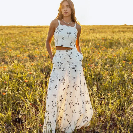 FashionSierra-Floral Embroidery  Crop Top  Maxi Skirt  Suit  Women  Vintage  Sleeveless  Summer  Set  Beach  Vestidos Boho Dress