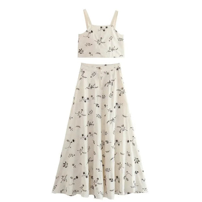 FashionSierra-Floral Embroidery  Crop Top  Maxi Skirt  Suit  Women  Vintage  Sleeveless  Summer  Set  Beach  Vestidos Boho Dress