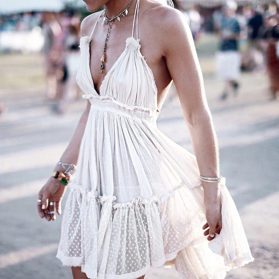 FashionSierra-Gypsy  Summer  Sexy  Backless  Deep V-neck  Sleeveless  Strap  Beach Style  Mini Boho Dress