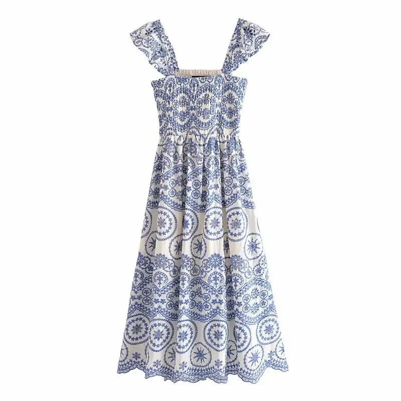 FashionSierra-Hollow Floral Embroidery  Sleeveless Strap  Long  For Women  Vintage  2025  Summer  Vestidos  Party  Ladies  Boho Dress