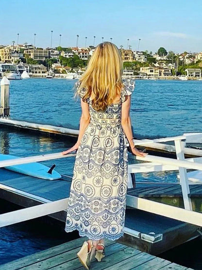 FashionSierra-Hollow Floral Embroidery  Sleeveless Strap  Long  For Women  Vintage  2025  Summer  Vestidos  Party  Ladies  Boho Dress