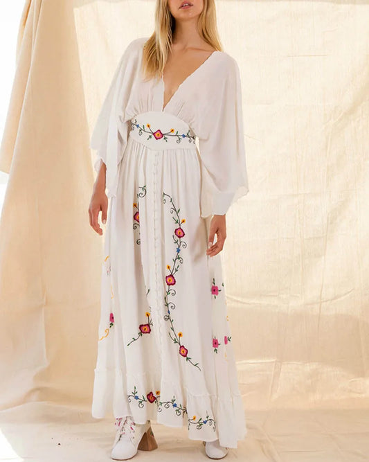 FashionSierra-Long Sleeve Deep V-neck Maxi Women Vintage Rayon Embroidered White Autumn Vestidos 2025 Casual Long Robe Boho Dress