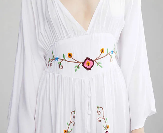FashionSierra-Long Sleeve Deep V-neck Maxi Women Vintage Rayon Embroidered White Autumn Vestidos 2025 Casual Long Robe Boho Dress