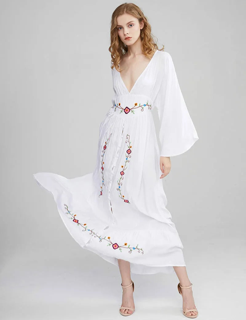 FashionSierra-Long Sleeve Deep V-neck Maxi Women Vintage Rayon Embroidered White Autumn Vestidos 2025 Casual Long Robe Boho Dress