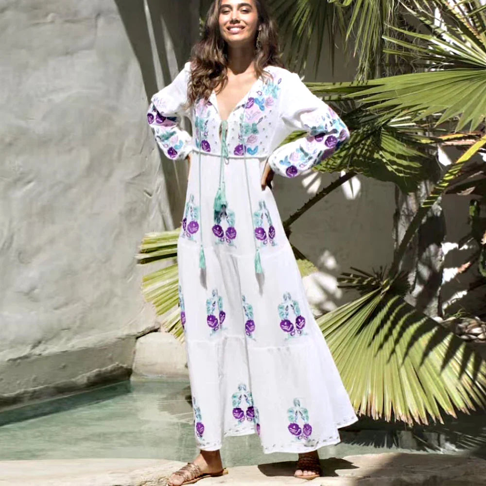FashionSierra-Long Sleeve  Ethnic  Tunic  Maxi  Vintage  White  Cotton  Floral Embroidery  Loose  Autumn Boho Dress