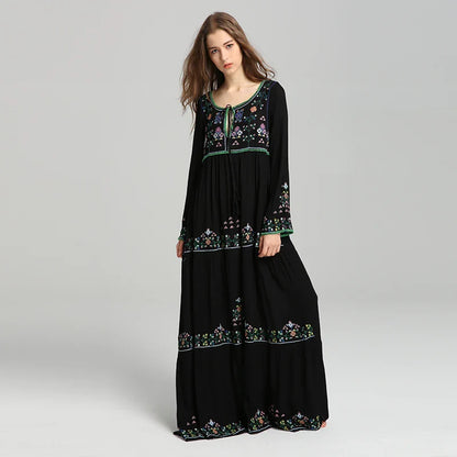 FashionSierra-Long Sleeve  Ethnic  Tunic  Maxi  Vintage  White  Cotton  Floral Embroidery  Loose  Autumn Boho Dress