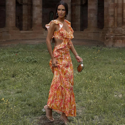 FashionSierra-Orange  Floral Printed  Maxi  Women  Sexy  Backless  Deep V Neck  Waistless  Long  Summer  Ruffles  Beach Boho Dress