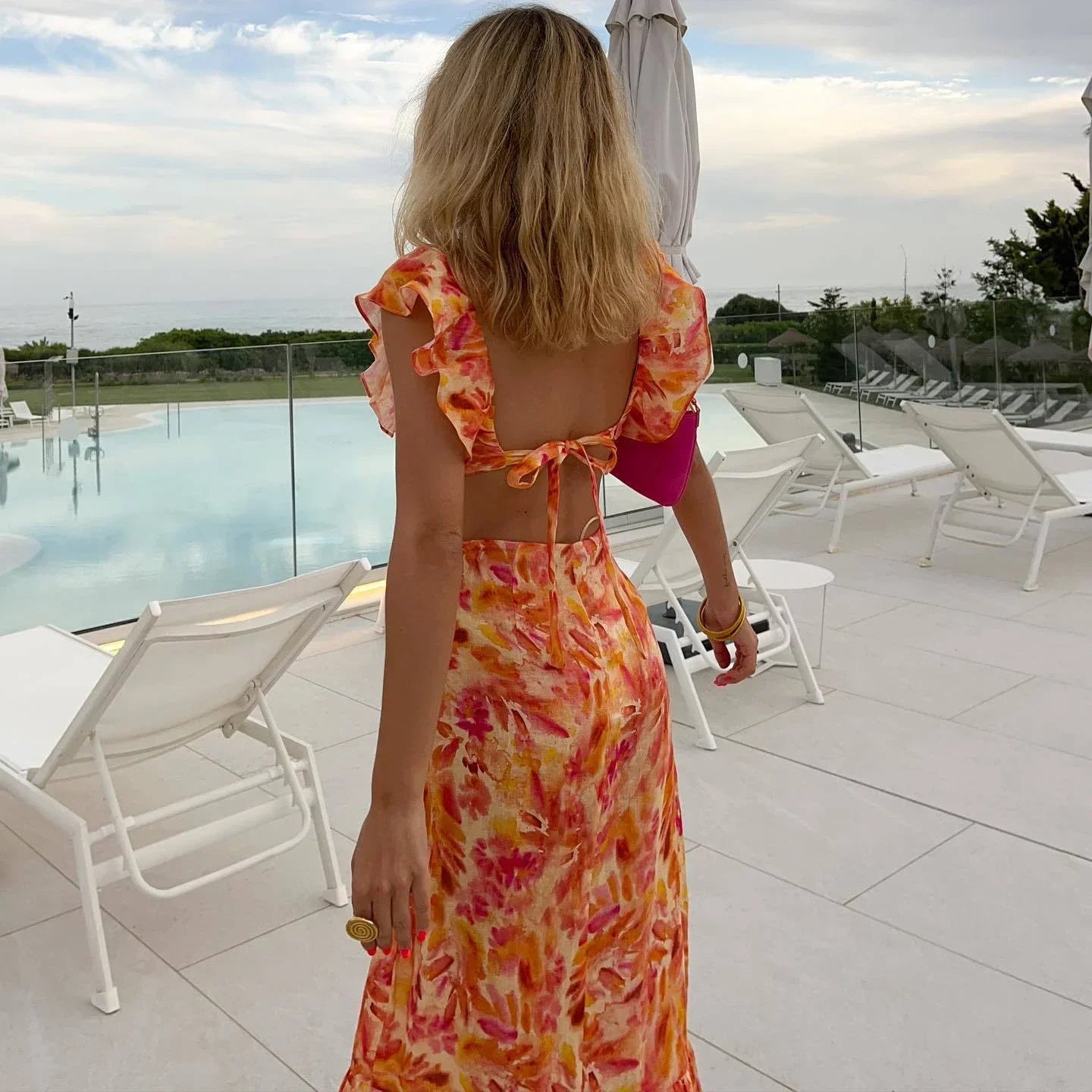 FashionSierra-Orange  Floral Printed  Maxi  Women  Sexy  Backless  Deep V Neck  Waistless  Long  Summer  Ruffles  Beach Boho Dress