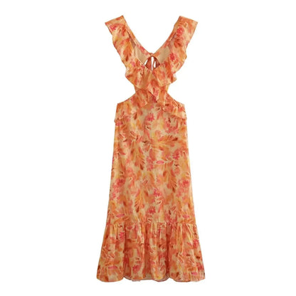 FashionSierra-Orange  Floral Printed  Maxi  Women  Sexy  Backless  Deep V Neck  Waistless  Long  Summer  Ruffles  Beach Boho Dress