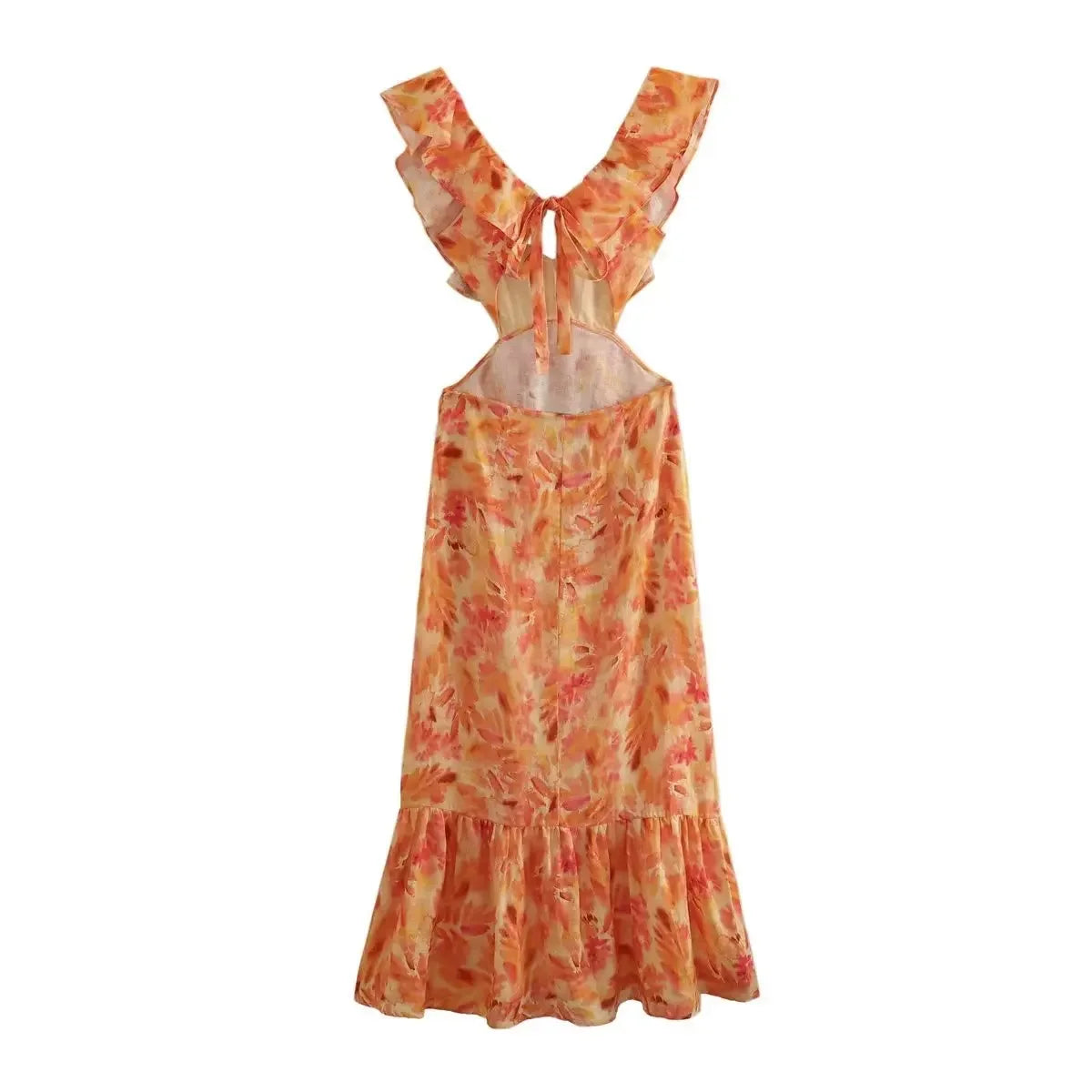 FashionSierra-Orange  Floral Printed  Maxi  Women  Sexy  Backless  Deep V Neck  Waistless  Long  Summer  Ruffles  Beach Boho Dress