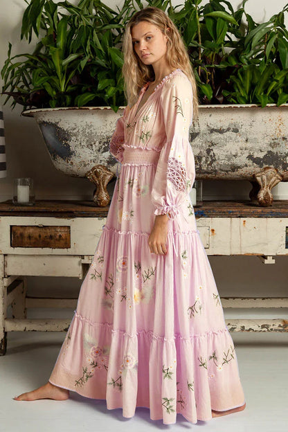 FashionSierra-Pink  Embroidery Floral  Women  Casual  Long Sleeve  2025 Vintage  Loose  High Waist  Robe Boho Dress