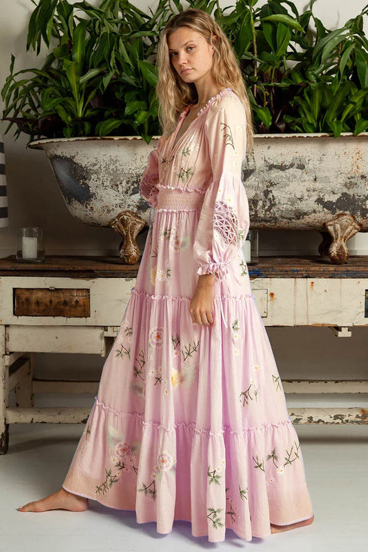 FashionSierra-Pink  Embroidery Floral  Women  Casual  Long Sleeve  2025 Vintage  Loose  High Waist  Robe Boho Dress