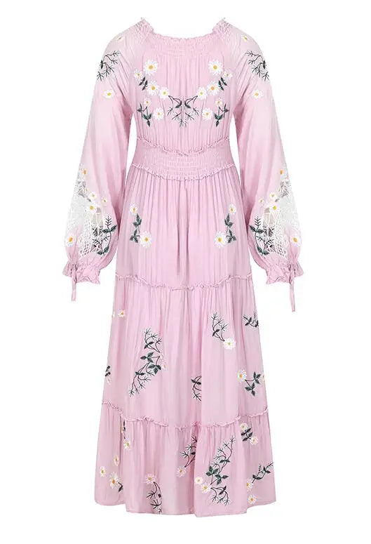 FashionSierra-Pink  Embroidery Floral  Women  Casual  Long Sleeve  2025 Vintage  Loose  High Waist  Robe Boho Dress