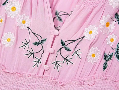 FashionSierra-Pink  Embroidery Floral  Women  Casual  Long Sleeve  2025 Vintage  Loose  High Waist  Robe Boho Dress
