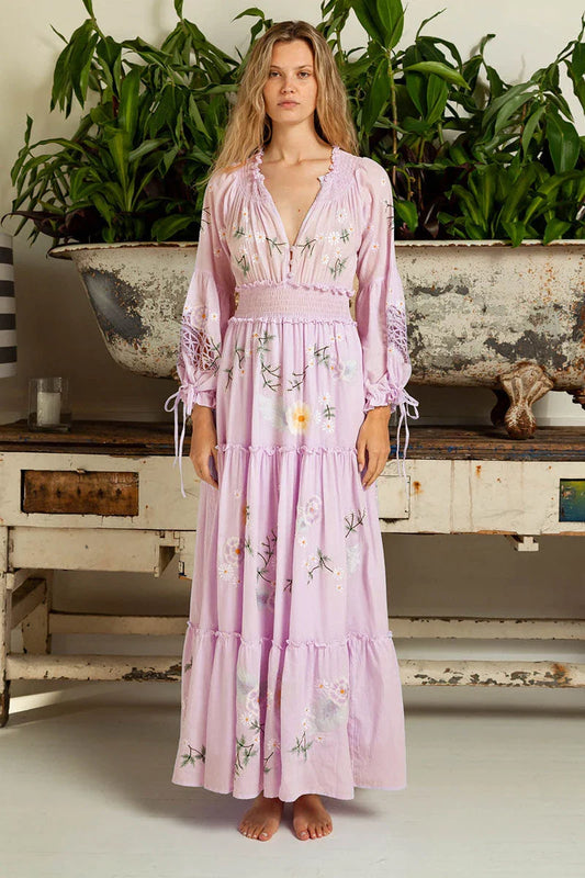 FashionSierra-Pink  Embroidery Floral  Women  Casual  Long Sleeve  2025 Vintage  Loose  High Waist  Robe Boho Dress