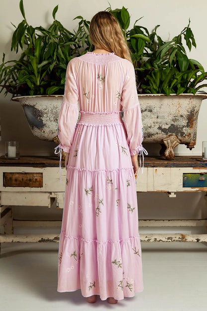 FashionSierra-Pink  Embroidery Floral  Women  Casual  Long Sleeve  2025 Vintage  Loose  High Waist  Robe Boho Dress