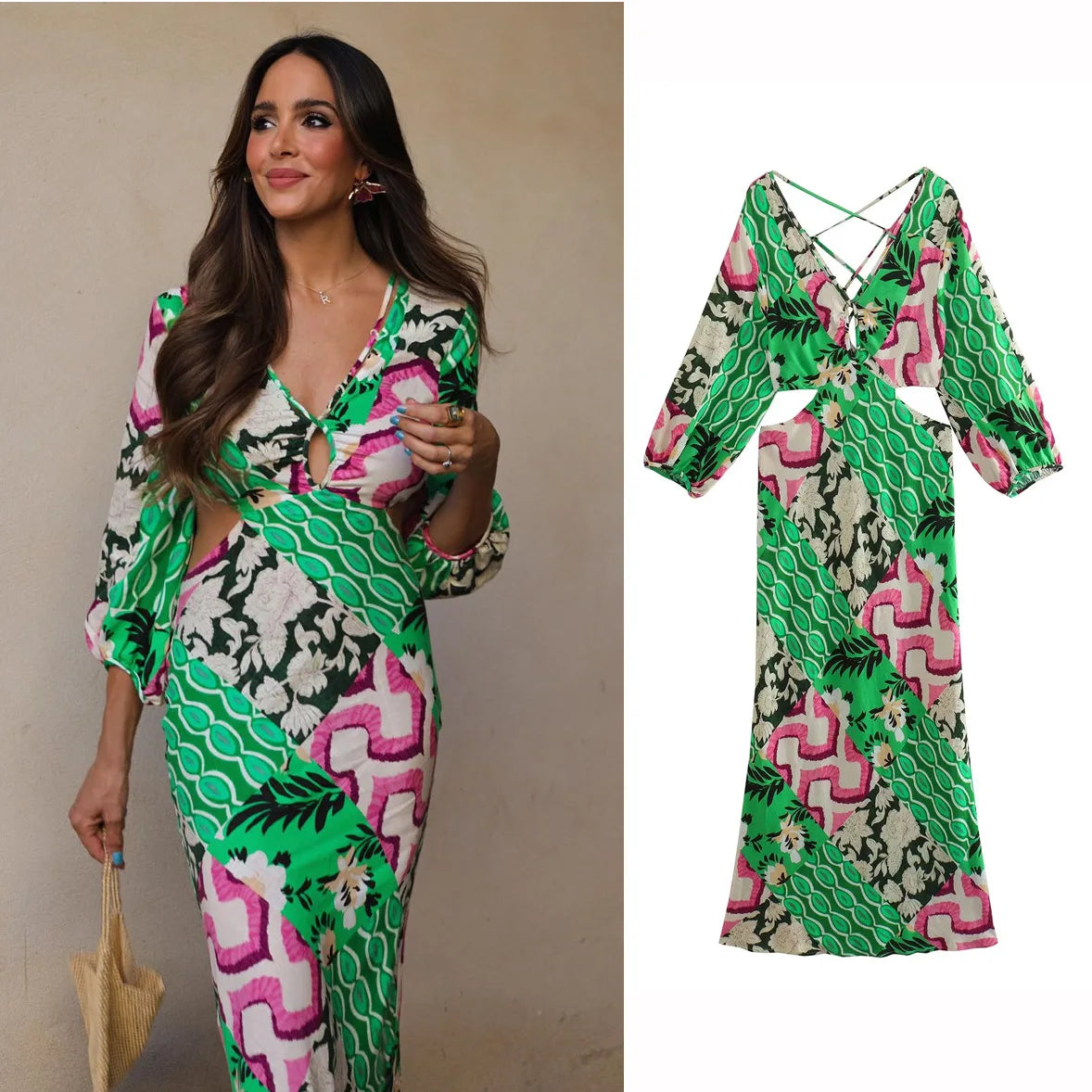 FashionSierra-Sexy  Deep V Neck  Backless  Maxi  Women  Beach  Cotton Linen Print  Long Sleeve  Autumn  Party  Vestidos Boho Dress