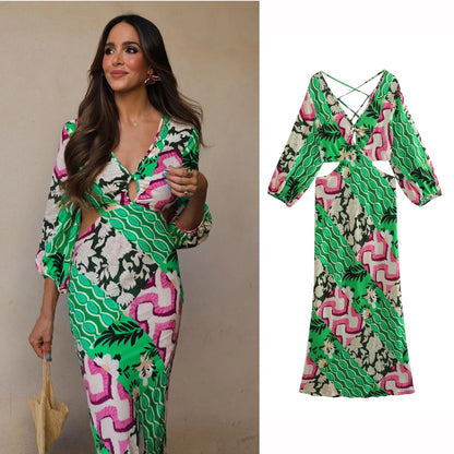 FashionSierra-Sexy  Deep V Neck  Backless  Maxi  Women  Beach  Cotton Linen Print  Long Sleeve  Autumn  Party  Vestidos Boho Dress