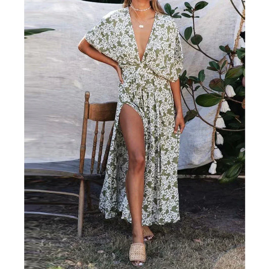 FashionSierra-Sexy  Deep V Neck  Maxi  Women  Vestidos  2025  Vintage Floral Print  Side Split  Summer  Beach  Casual Boho Dress