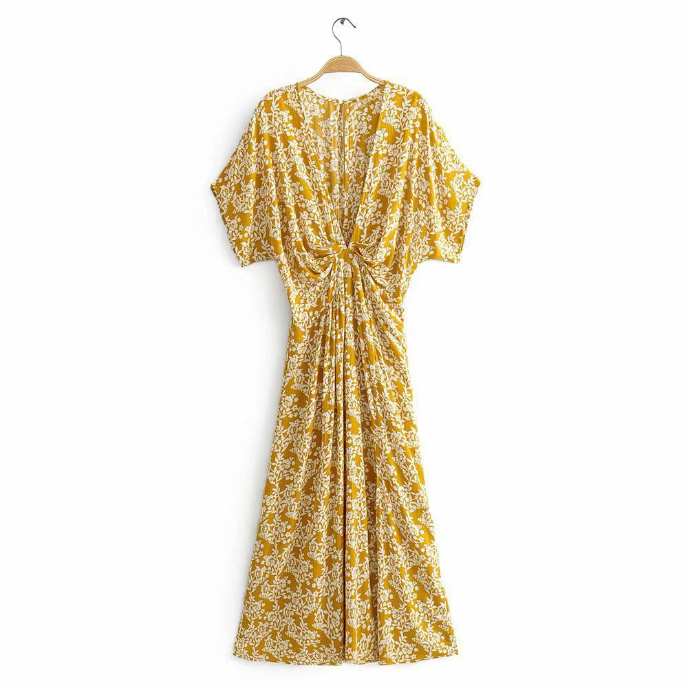FashionSierra-Sexy  Deep V Neck  Maxi  Women  Vestidos  2025  Vintage Floral Print  Side Split  Summer  Beach  Casual Boho Dress