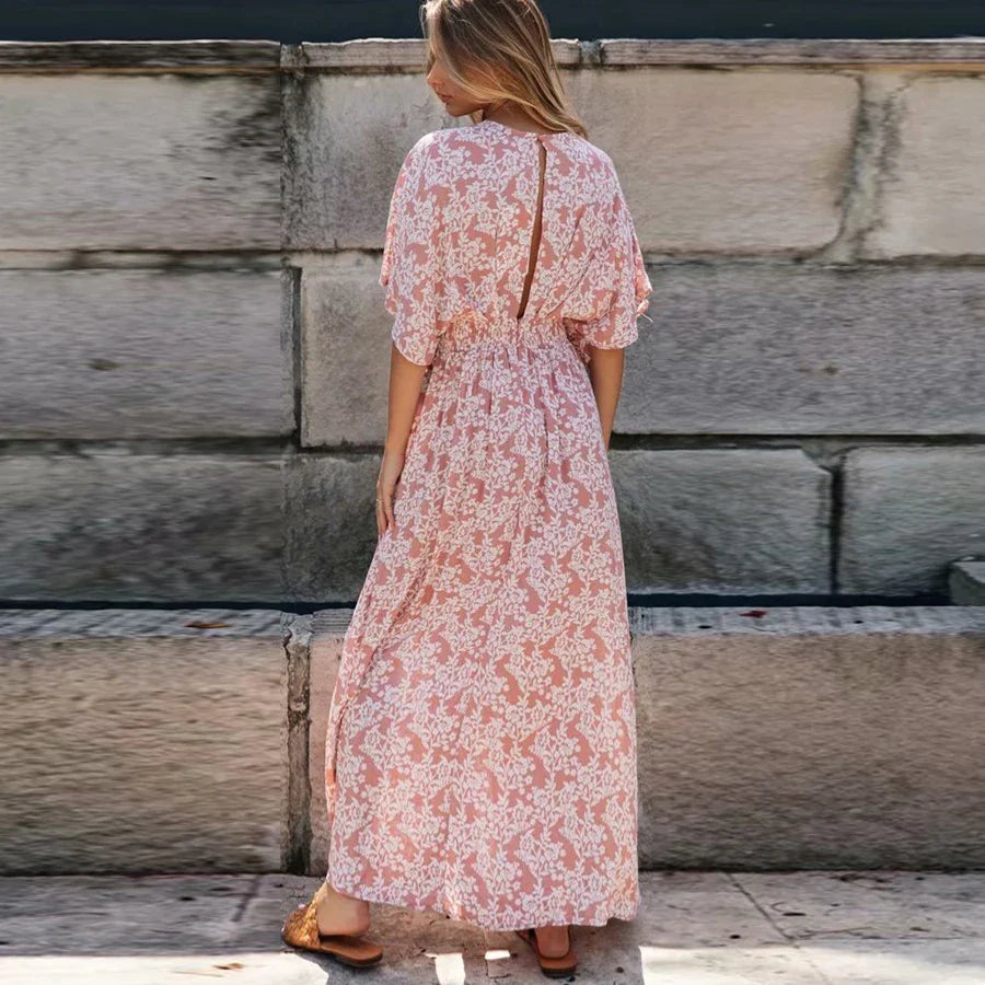 FashionSierra-Sexy  Deep V Neck  Maxi  Women  Vestidos  2025  Vintage Floral Print  Side Split  Summer  Beach  Casual Boho Dress