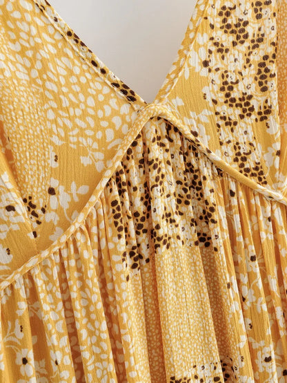 FashionSierra-Sexy  Deep V Neck  Sleeveless  Mini  Beach  Yellow  Cotton  Floral Print  Summer  Backless  Play Boho Dress