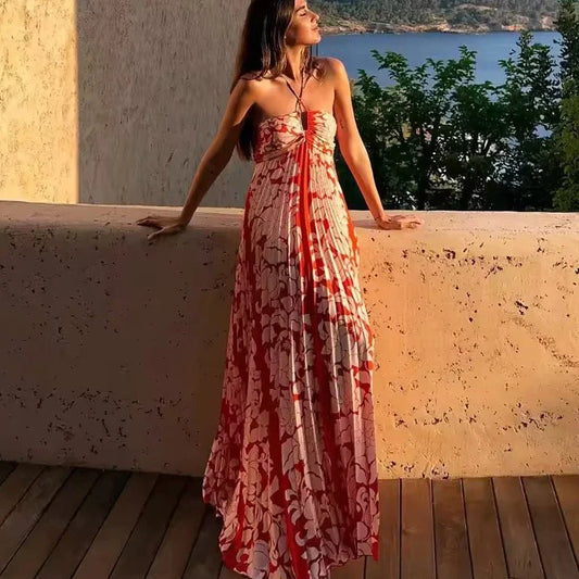 FashionSierra-Sexy  Off Shoulder  Backless  Strap  Vintage  Ethnic  Chiffon  Floral Print  Beach Wear Boho Dress