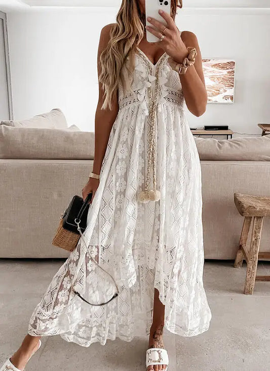 FashionSierra-Sexy  Sleeveless  Backless  Irregular Strap  Women  Robe  Vintage  Tassel  Floral Lace  Summer  Beach  Vestidos Boho Dress