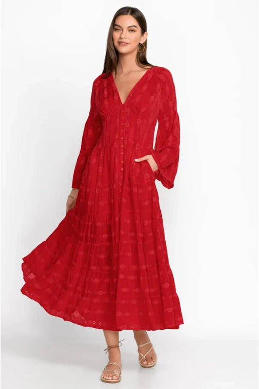 FashionSierra-Vintage  Deep V Neck  Flare  Long Sleeve  Casual  Floral Embroidery  Cotton  Autumn Boho Dress