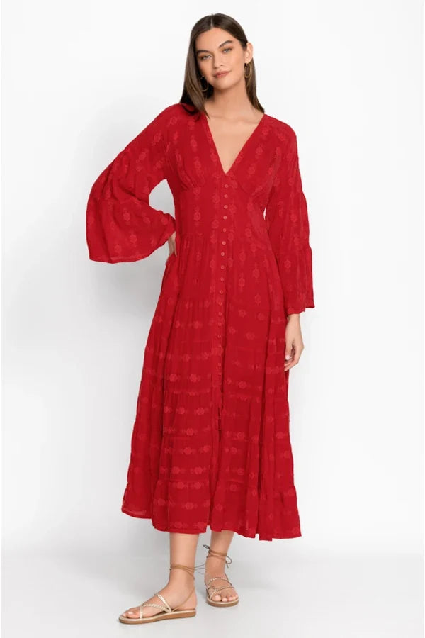 FashionSierra-Vintage  Deep V Neck  Flare  Long Sleeve  Casual  Floral Embroidery  Cotton  Autumn Boho Dress