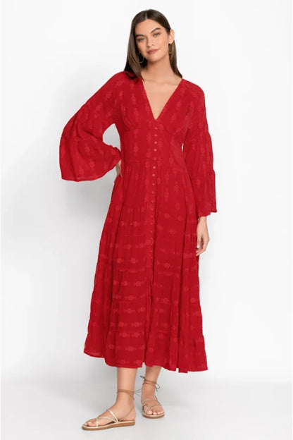 FashionSierra-Vintage  Deep V Neck  Flare  Long Sleeve  Casual  Floral Embroidery  Cotton  Autumn Boho Dress
