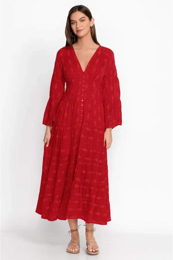FashionSierra-Vintage  Deep V Neck  Flare  Long Sleeve  Casual  Floral Embroidery  Cotton  Autumn Boho Dress