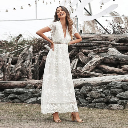 FashionSierra-Vintage Deep V Short Sleeve Casual Floral Embroidery Summer 2025 High Waist Loose Boho Dress