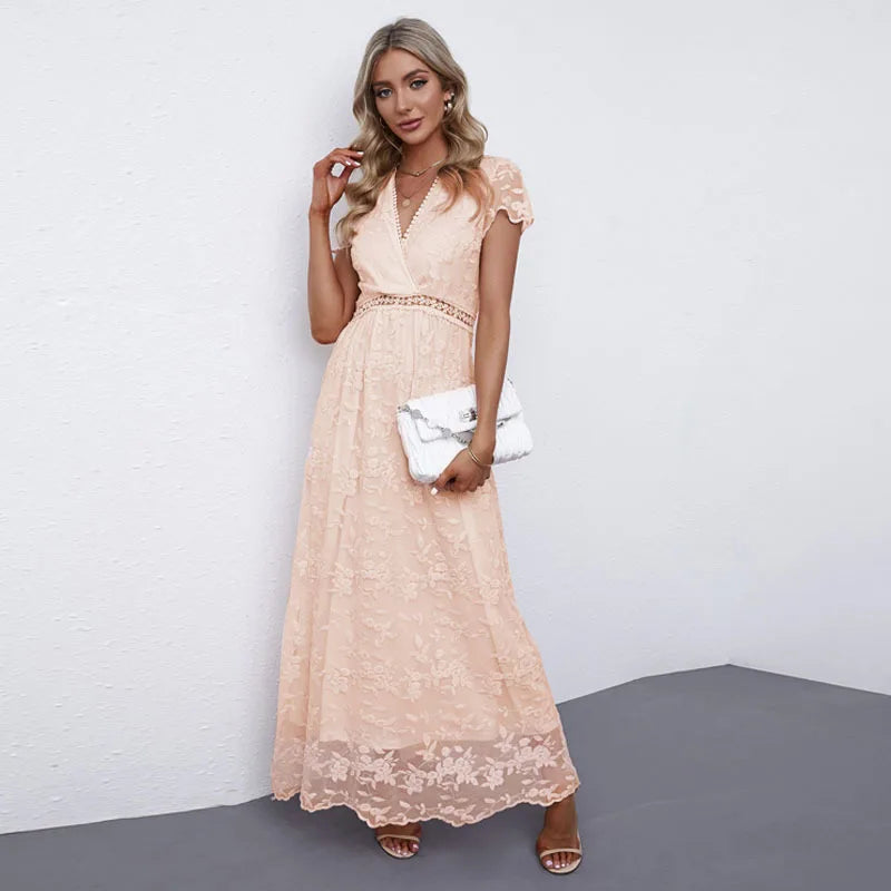 FashionSierra-Vintage Deep V Short Sleeve Casual Floral Embroidery Summer 2025 High Waist Loose Boho Dress