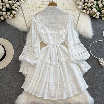 FashionSierra-Vintage  Embroidery  White  Lace  Puff  Long Sleeve  Mini  Autumn  Elegant Boho Dress