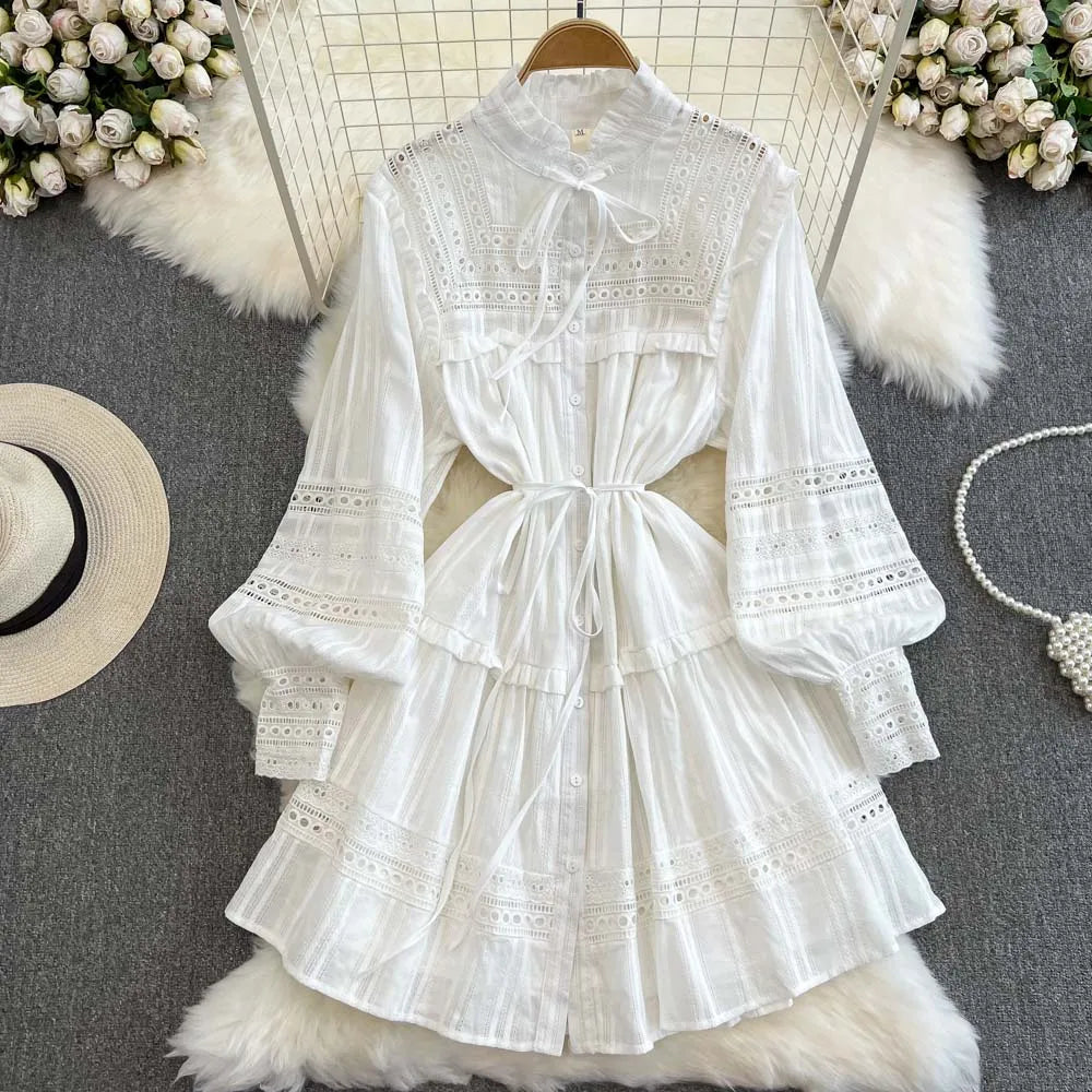 FashionSierra-Vintage  Embroidery  White  Lace  Puff  Long Sleeve  Mini  Autumn  Elegant Boho Dress