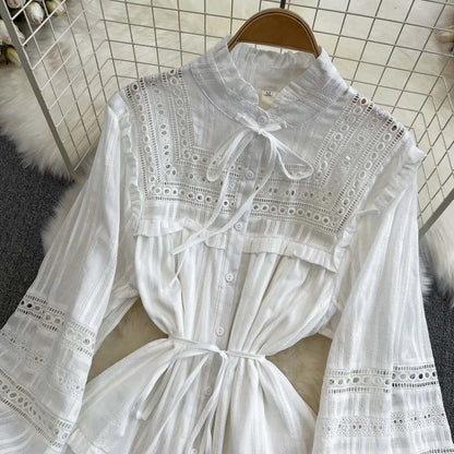 FashionSierra-Vintage  Embroidery  White  Lace  Puff  Long Sleeve  Mini  Autumn  Elegant Boho Dress