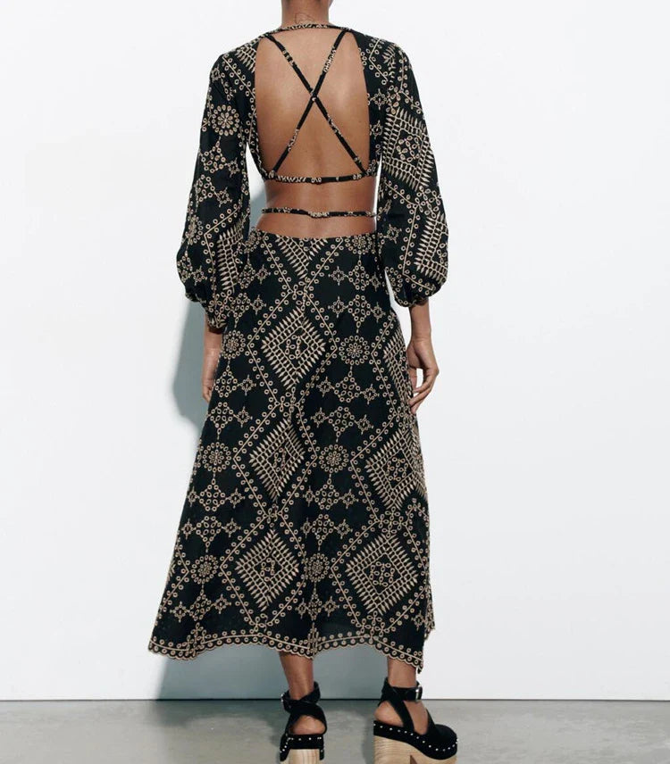 FashionSierra-Vintage  Ethnic Embroidery  Women  Party  Sexy  Deep V-neck  Backless  Long Sleeve  Beach  Summer  Vestidos  Boho Dress